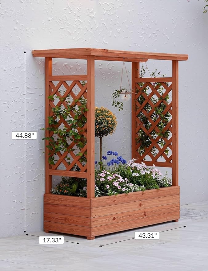 Raised Garden Bed with Trellis and Hanging Roof, Wooden Planter Box with Side Supports and Drainage, Freestanding Elevated Planter for Climbing Plants, Vines, and Flowers, 43x17x44Ft