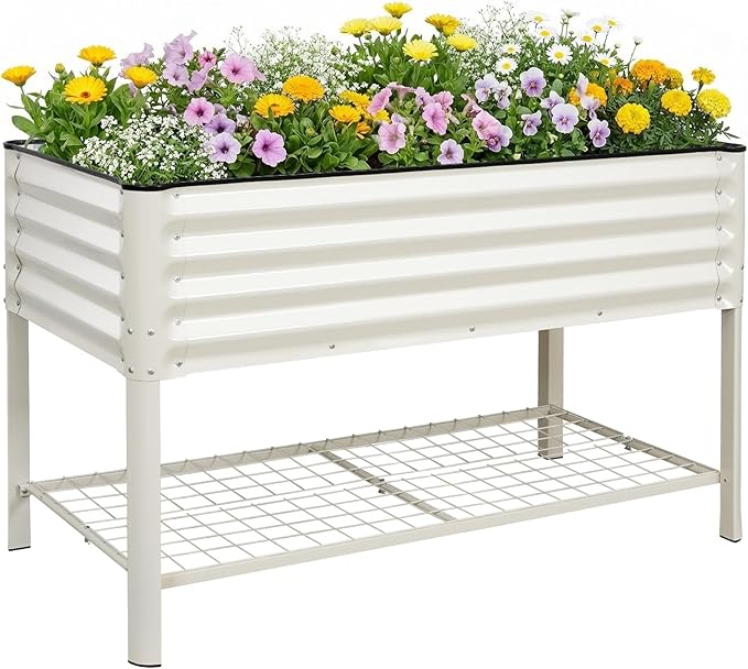 STBoo Elevated Raised Garden Bed with Legs and Wheels- 48''x24''x32'' Galvanized Metal Standing Planter Boxes Outdoor with Bottom Storage Shelf for Backyard, Patio, Balcony, Vegetables, Flowers, White