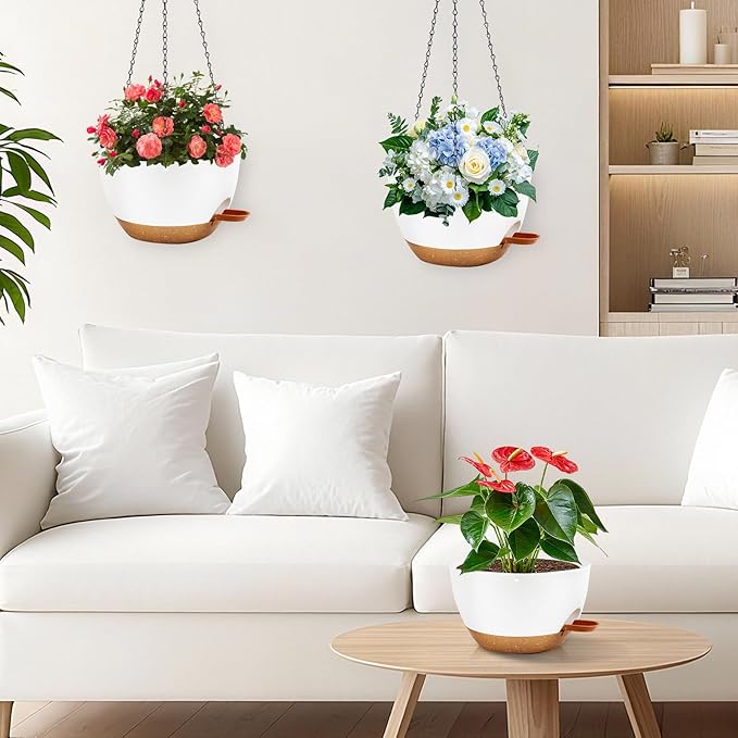 10 inch Hanging Planters for Indoor Plants, 3 Pack Self-Watering Hanging Planter Pots with Chain and Drainage Holes, Outdoor Hanging Baskets for Garden Home Decor (White With Brown, 3pcs/10inch)