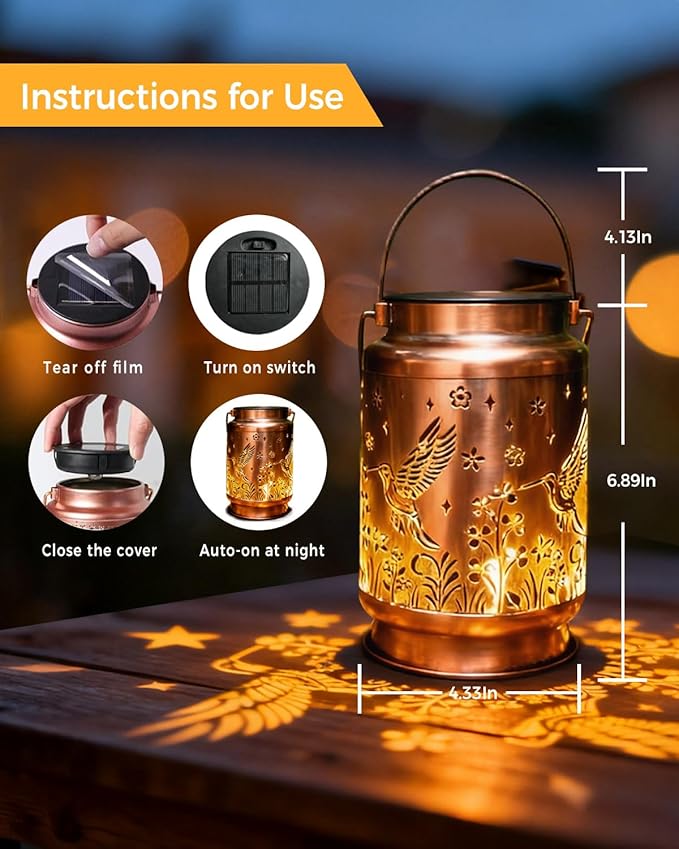 Christmas Gifts for Women,Solar Lanterns Outdoor Hanging Lantern Lights, Hummingird Hollowed-Out Metal Decor Lantern, Waterproof Decorative Garden Light - Delicate Garden Decoration for Patio, Yard