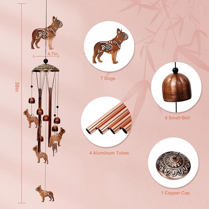 ArtCredit Copper Tone Animal Wind Chimes for Outdoors/Indoors - Dog Designs - Garden, Patio, Yard, Home Decor, for Women, Men, Mom, Birthday, Memorial, Housewarming (Dog)