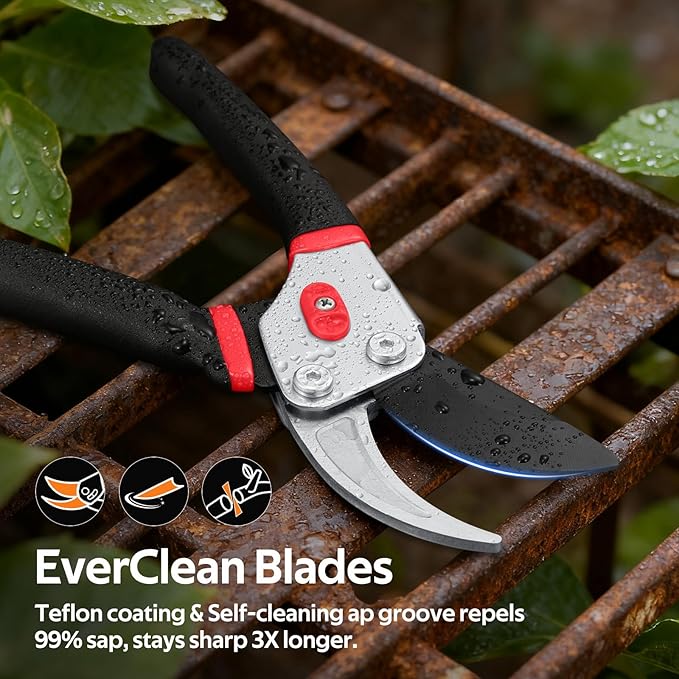 Effortless Pruning Shears: Professional 8.5”Garden Pruner with Jam-Proof Spring & Ever-Sharp SK5 Blade, Ergonomic Bypass Clippers for Rose, Tree Trimming & weak Hand, Heavy Duty Pruning Scissor