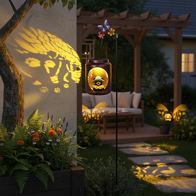 Solar Lanterns Outdoor Waterproof Metal Black Bear Patterns with Resin Black Bear Inside Garden Decor Gifts for Women Mom Grandma Hanging Solar Lights Decoration Outside for Yard, Patio, Backyard