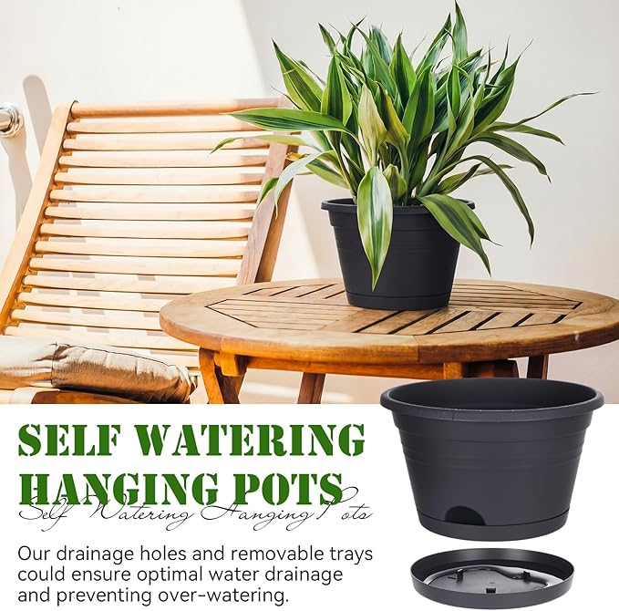 Roshtia 20 Pcs 10 Inch Hanging Baskets for Plants Large Plastic Hanging Basket Pots with Drainage Trays Self Watering Planter Pots for Outdoor Indoor Plants Flowers Garden Balcony (Black)