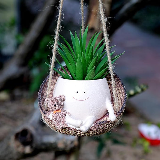 Swing Face Planter Pot Hanging Resin Flower Head Planters for Indoor Outdoor Plants Succulent Pots with Bear Gift Ideas for Mother, Christmas