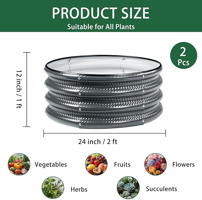 Gartist 2 Pcs 2x2X1 ft Galvanized Raised Garden Bed with Embossed Leaf Vein Pattern, Light Green Metal Round Outdoor Planter Box for Vegetables, Fruits, Flowers & Herbs