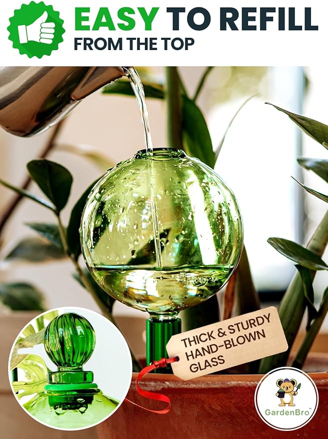 3pcs 16 Oz Plant Watering Globes for Indoor Plants with Metal Self Watering Planter Insert - Premium XL Glass Hand-Blown Globes - Automatic Plant Waterer Indoor, Gift Idea for Gardeners [3 Globes]