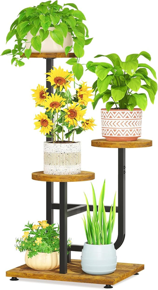 LASZOLA Black 3 Tier Tall Metal and Wood Plant Stand Indoor, Large Heavy Duty Planter Holder Rack for Vertical Corner, Sturdy Iron Spiral Multiple High Flower Organizer for Rustic Patio House Bathroom