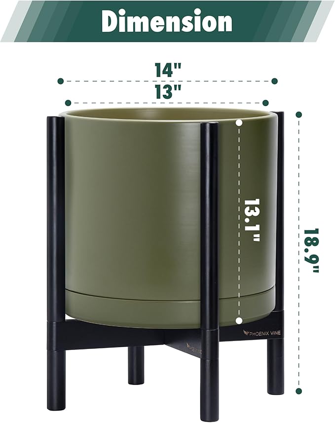 D'vine Dev Ceramic Planter with Ebony Stand - 14 Inch Modern Round Flower Pot with Wood Planter Holder, Olive, 55-B-S-J