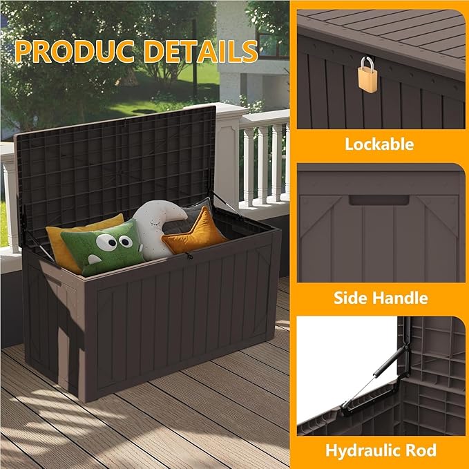 Yardgrace 110 Gallon Resin Deck Box Waterproof Outdoor Storage Box for Patio Furniture Pool Accessories Indoor Storage for Cushion Garden Tools, Brown