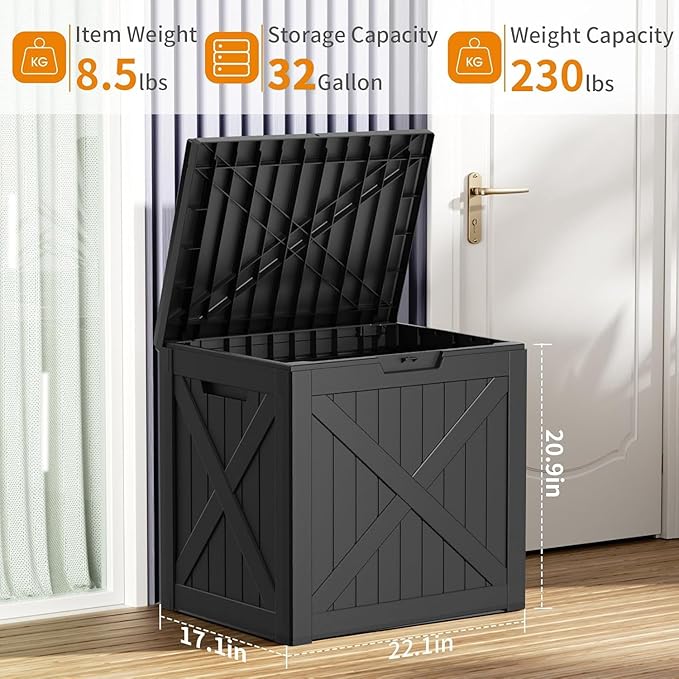 DRATO 32 Gallon Deck Box X pattern, Outdoor Storage Box for Patio Cushion, Garden Tools,Waterproof Patio Storage box, Lockable（Black，32 Gallon）