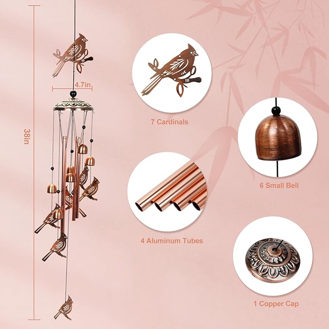 ArtCredit Copper Tone Animal Wind Chimes for Outdoors/Indoors - Cardinal Designs - Garden, Patio, Yard, Home Decor, for Women, Men, Mom, Birthday, Memorial, Housewarming (Cardinal)