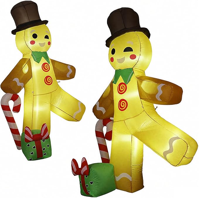 Christmas Inflatable Gingerbread Man with Top Hat, Lighted Gingerbread Man Decoration with Candy Cane & Gift Box, Outdoor Indoor Holiday Blow Up Decor for Yard Lawn Garden