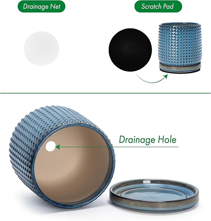 D'vine Dev 6 Inch Ceramic Beaded Stoneware Planter Pot - Flower Pot with Drainage Holes and Saucers for Indoor Succulent Plants or Flowers, Ocean Teal, 27-C-X-8