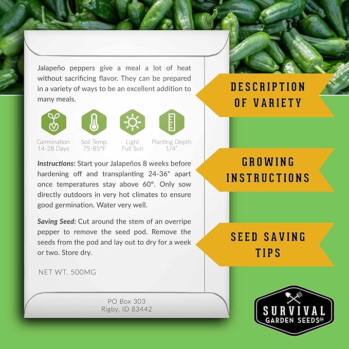 Jalapeño Pepper Seeds for Planting | Hot Heirloom Non-GMO Peppers for Pickling & Salsas – Survival Garden Seeds (5 Packs)