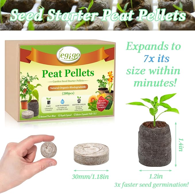 Legigo 200 PCS 30mm Peat Pellets Seed Starter Soil, Compressed Seed Starting Pods Plant Starter Soil Pods Plugs for Seedlings, Peat Pods for Starting Seeds, Herbs Tomatoes Flowers and Vegetables