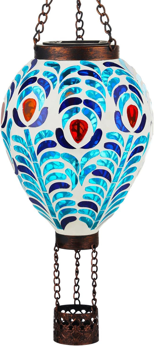 VOREEN Hot Air Balloon Solar Lantern, Handmade Mosaic Solar Outdoor Hanging Wind Light, Waterproof, Patio Festive Decor, Gift for Mom Wife Friend, Peacock Feather Design