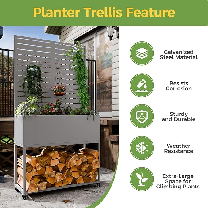 Metal Planter Box with Trellis, 3 in 1 Raised Garden Bed with Trelli & Firewood Rack, Privacy Planter Screen for Climbing Plants, Vine, Outdoor Garden Standing Beds with Drainage Holes, Wheels,Grey