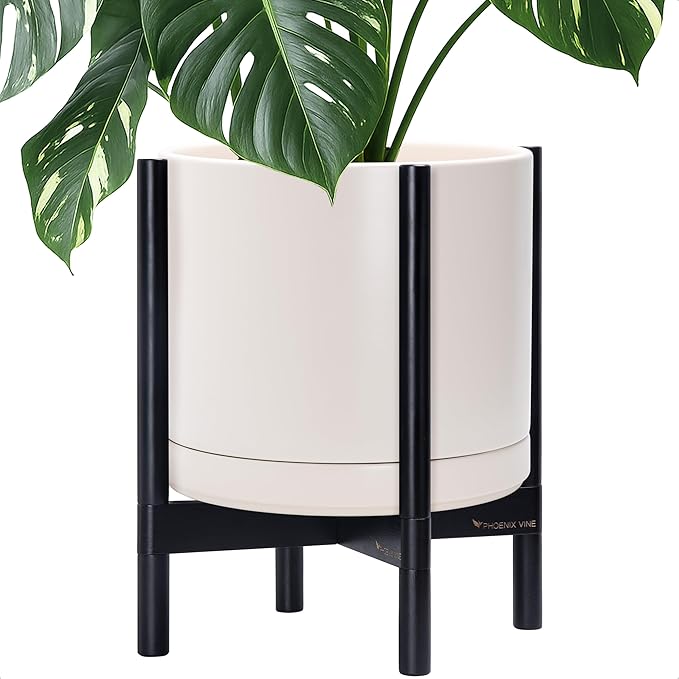 D'vine Dev Ceramic Planter with Ebony Stand - 14 Inch Modern Round Flower Pot with Wood Planter Holder, Oatmeal, 55-B-S-8