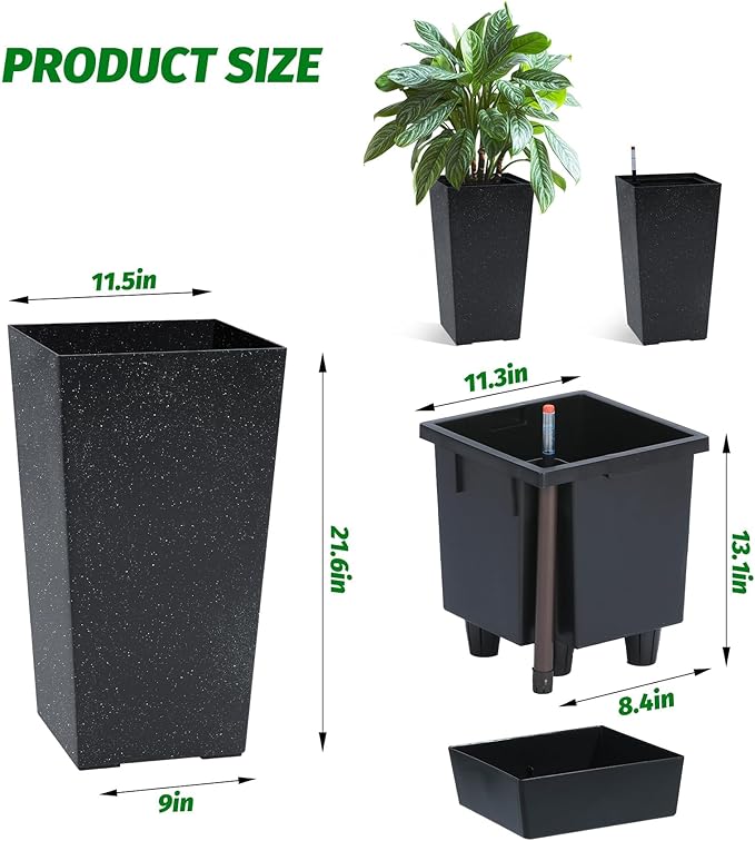 21.6" Tall Planters Set of 2, Outdoor & Indoor Flower Pots with Drainage Holes, Water Level Monitor, Inner Bucket, and Self-Watering System for Porch, Patio, Home, Office - Black