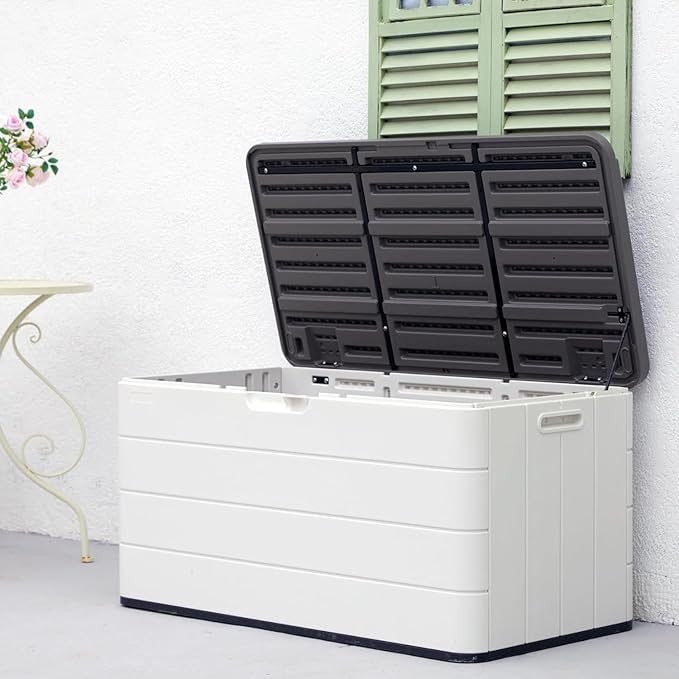 100GAL-White，European Style Small Cabinet - White Waterproof Resin Storage Bin for Patio Cushions，Accessories，UV Resistan