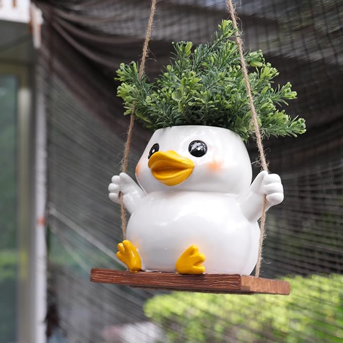 Cute Swing Duck Hanging Planters for Indoor Plants Small Succulent Pots with Drainage Hole Unique Resin Outdoor Plant for String of Pearls Gift Ideas for Mother Day Christmas