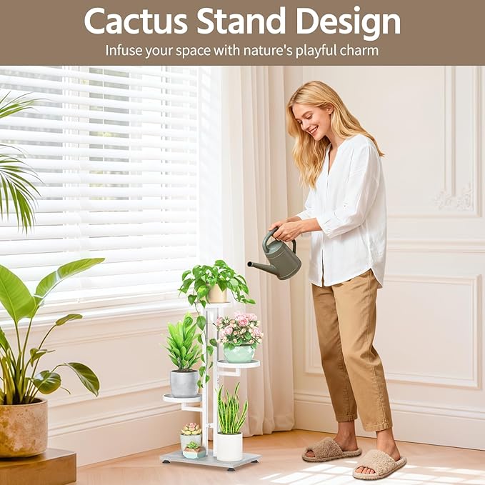 LASZOLA White 3 Tiered Plant Stand Indoors Heavy Duty Metal Rack, Sturdy Multi Level Shleving Hold Flowers, Larger House Decorate Ladder for Planting Inside Tree Herb Cactus, Wooden Base, Space Saving