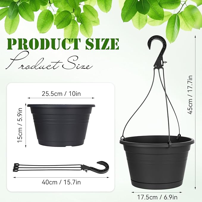 Roshtia 20 Pcs 10 Inch Hanging Baskets for Plants Large Plastic Hanging Basket Pots with Drainage Trays Self Watering Planter Pots for Outdoor Indoor Plants Flowers Garden Balcony (Black)