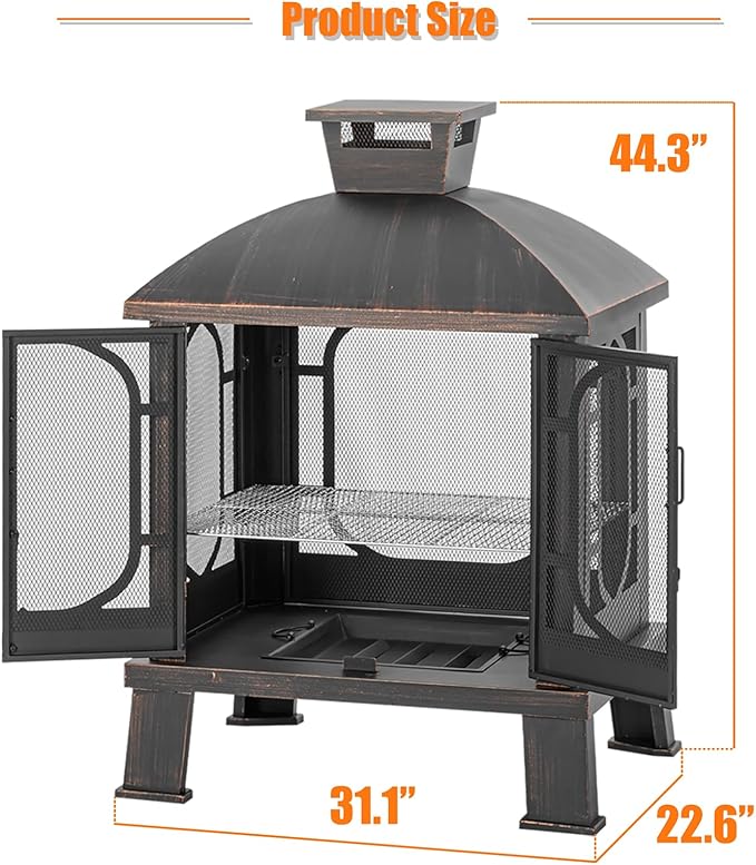 45" H×31''W Metal Chiminea Fire Pit with Grill, Wood Burning Fire Pits for Outside,Square Chimineas Fireplace with Mesh Spark Screen Door& Fire Poker for Garden,Yard,BBQ,Bonfire (Black&Gold)