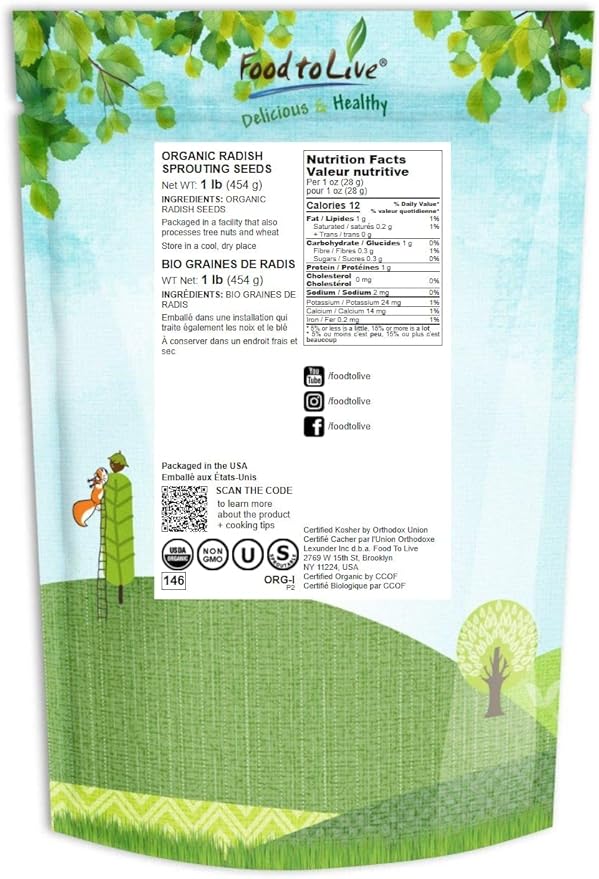 Food to Live - Organic Radish Seeds for Sprouting, 1 Pound Non-GMO, Edible Seeds, Pure, Vegan, Kosher, Bulk. Spicy Flavor. Rich in Vitamin C. High Germitation Rate.