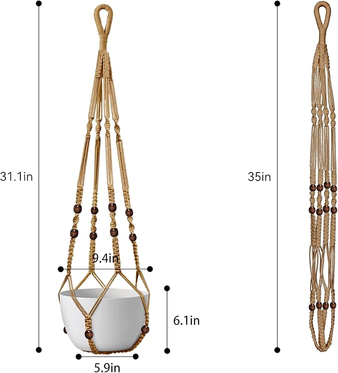 USLAI Macrame Plant Hanger Indoor Outdoor, Up to 4-15 inch Pot, Strong Hanging Planter Basket, Boho Home Decor, 35 Inch, Brown, Set of 3 (POTS NOT Included)