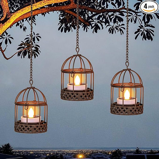Solar-Hanging-Lanterns-Outdoor-Waterproof, Rust Birdcage Style Candle Holders with Flickering Solar Tea Lights for Backyard Patio Garden Fence Tree Decoration (3 Pack)