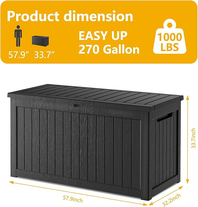 Mersco 270 Gallon Double-Wall Resin Deck Box - Lockable Waterproof Outdoor Storage Box, 1000lbs Capacity & Doubles as Seating for Patio Furniture - Garden Tools, Pool Accessories (Black)