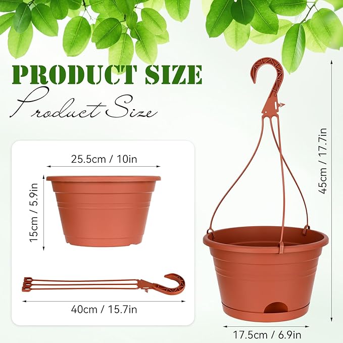 Roshtia 10 Pcs 10 Inch Hanging Baskets for Plants Large Plastic Hanging Basket Pots with Drainage Trays Self Watering Planter Pots for Outdoor Indoor Plants Flowers Garden Balcony (Brown)