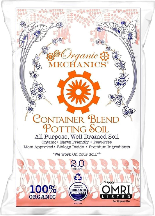 Organic Mechanics Container Blend Potting Soil, 2 Cu Ft - All-Purpose, Peat-Free, Well-Drained Blend with Compost, Rice Hulls, and Worm Castings for Growing Annuals, Perennials, Woody Plants