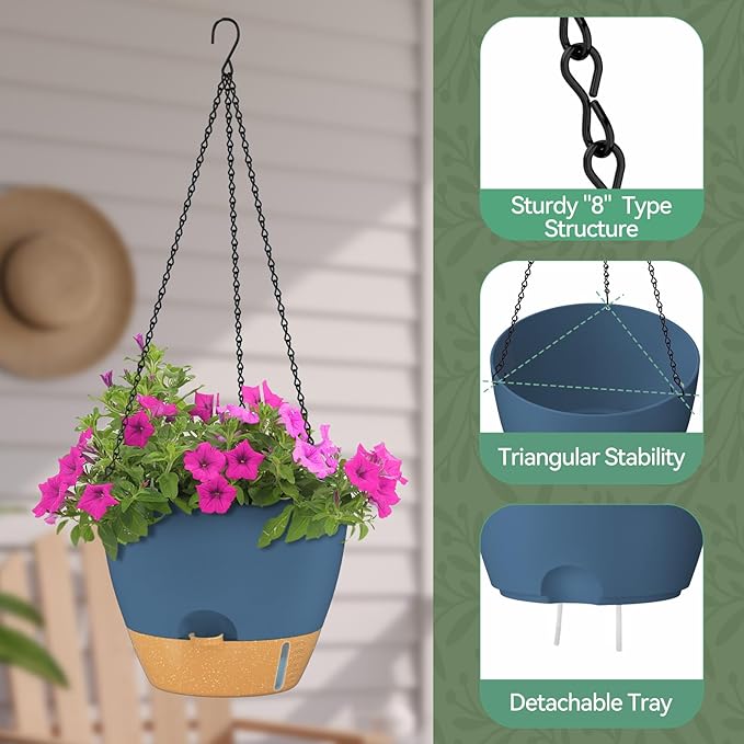 ZMTECH 12 Inch Hanging Planters for Indoor Plants & Outdoor - 2 Pack Self-Watering Hanging Pots with Drainage Holes, Visual Reservoir, Plastic Hanging Baskets Flower Pots with Removable Saucer, Blue
