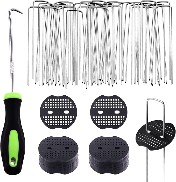 Swpeet 101Pcs U-Shaped Landscape Garden Stakes Staples and Plastic Fixing Gasket with Pick Hook Assortment Kit, Garden Lawn Landscape Staples for Irrigation Hoses, Fixed Fences, Artificial Turf Nails