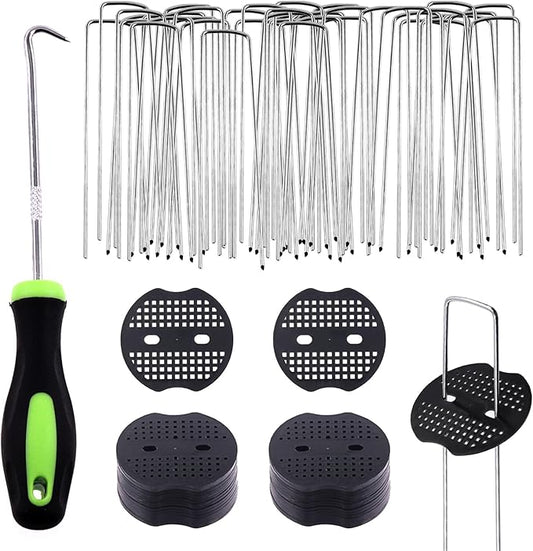 Swpeet 101Pcs U-Shaped Landscape Garden Stakes Staples and Plastic Fixing Gasket with Pick Hook Assortment Kit, Garden Lawn Landscape Staples for Irrigation Hoses, Fixed Fences, Artificial Turf Nails