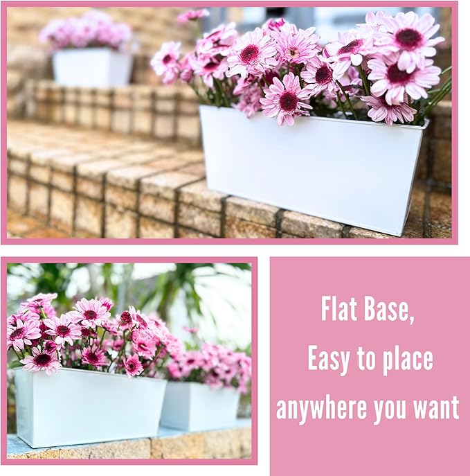 LalaGreen Outdoor Planter (2 Pack, 12 Inch) White Metal Rectangle Window Boxes Planters with Drainage Holes, Strawberry Wall Hanging Flower Pots Balcony Deck Railing Fence Minimalist Patio Home Decors