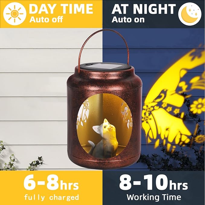 Solar Lanterns Outdoor Waterproof Metal Cat Patterns with Resin Cat Inside Garden Decor Gifts for Women Mom Grandma Hanging Solar Lights Decoration Outside for Yard, Patio, Backyard, Porch
