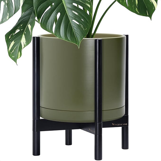 D'vine Dev Ceramic Planter with Ebony Stand - 14 Inch Modern Round Flower Pot with Wood Planter Holder, Olive, 55-B-S-J