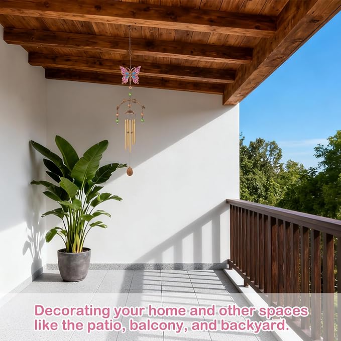 Pink Butterfly Wind Chimes - Wind Chimes for Outside Deep Tone 34 inches 5 Aluminum Tubes, Thanksgiving, Christmas, Birthday Gifts for Mom, Grandma, Daughter, Decor for Home, Garden, Patio, Backyard