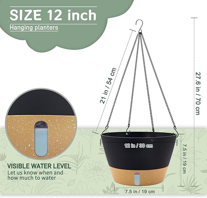 ZMTECH 12 Inch Large Hanging Planters for Outdoor Plants, Self Watering Hanging Planter with Visual Reservoir, Hanging Baskets for Plants Indoor with Drainage Hole and Plant Hanger(3 Pack, Gray)