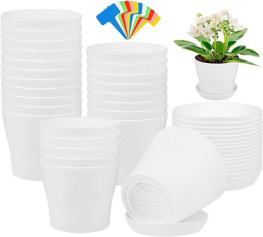 Aodaer 24 Pack 4 Inch Plastic Planters with Multiple Drainage Holes and Tray Indoor Outdoor Flower Plant Nursery Pots with Labels Flower Seedling Pots for Herb Garden Home Succulents, White