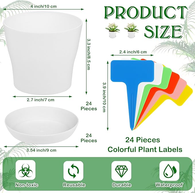 Aodaer 24 Pack 4 Inch Plastic Planters with Multiple Drainage Holes and Tray Indoor Outdoor Flower Plant Nursery Pots with Labels Flower Seedling Pots for Herb Garden Home Succulents, White