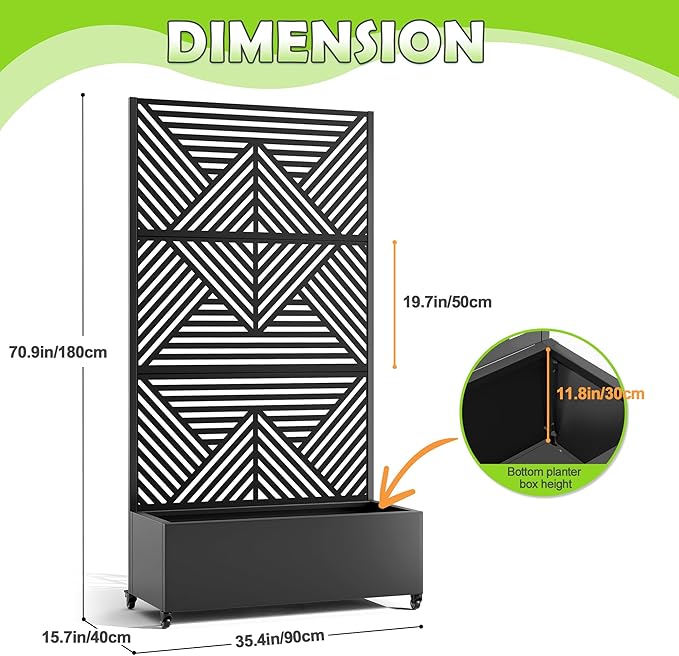 15.7"×70.9"×35.4" Metal Raised Garden Bed with Trellis and Wheels - Tall Trellis Planter Box for Climbing Plants, Vegetables & Vines - Outdoor Privacy Planters for Patio (Black-Zodiac)