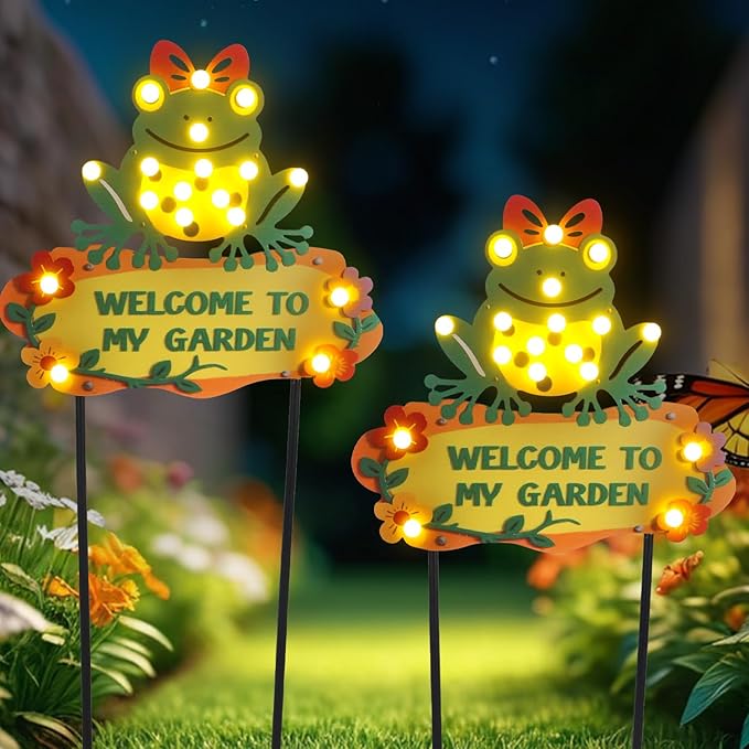 Frog Solar Lights Outdoor Garden 43.7" with 18 Bulbs Solar Powered String Lights, Large Welcome to My Garden Green Yard Stakes for Pathway, Lawn, Patio, Outdoor Decor