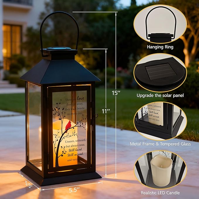 Cardinal Solar Memorial Lanterns, Outdoor Hanging Lanterns Waterproof LED Solar Cardinal Lights for Outdoor Patio Garden Sympathy Gifts for Loss of Mom Dad Loved One