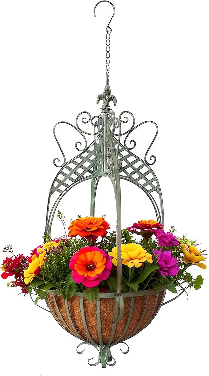 Large Hanging Planter for Outdoor Indoor Plants, 12.6-Inch Rustic Metal Hanging Basket for Farmhouse, Patio,Porch,Deck, or Garden, Green