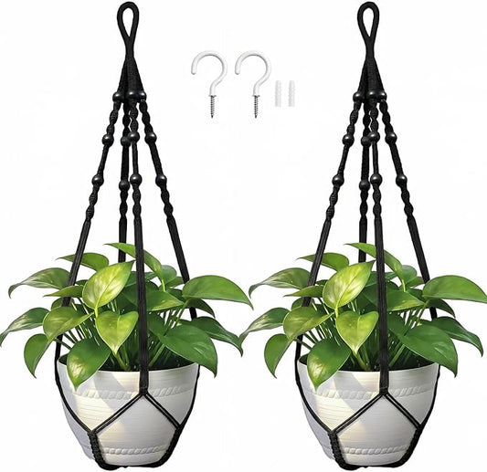 Macrame Plant Hanger, Up to 4-15 inch Pots, Wood Beads Cotton Hanging Planter Holder for Indoor Outdoor Boho Home Decor, 35 Inch, Set of 2 (Black)